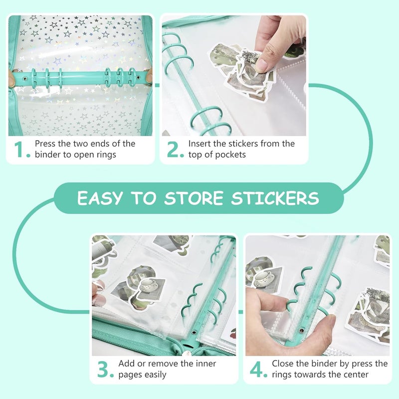 Ruatu Sticker Storage Organizer Binder A5 Sticker Collecting Book Reusable Zipper Album with Clear Laser Star Cover and Pocket Pages (Cyan) - Image 4